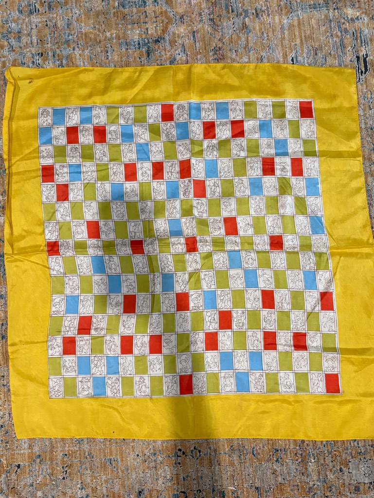 Vintage 60s Yellow Checkerboard Silk Scarf With Red Blue And Green Accents